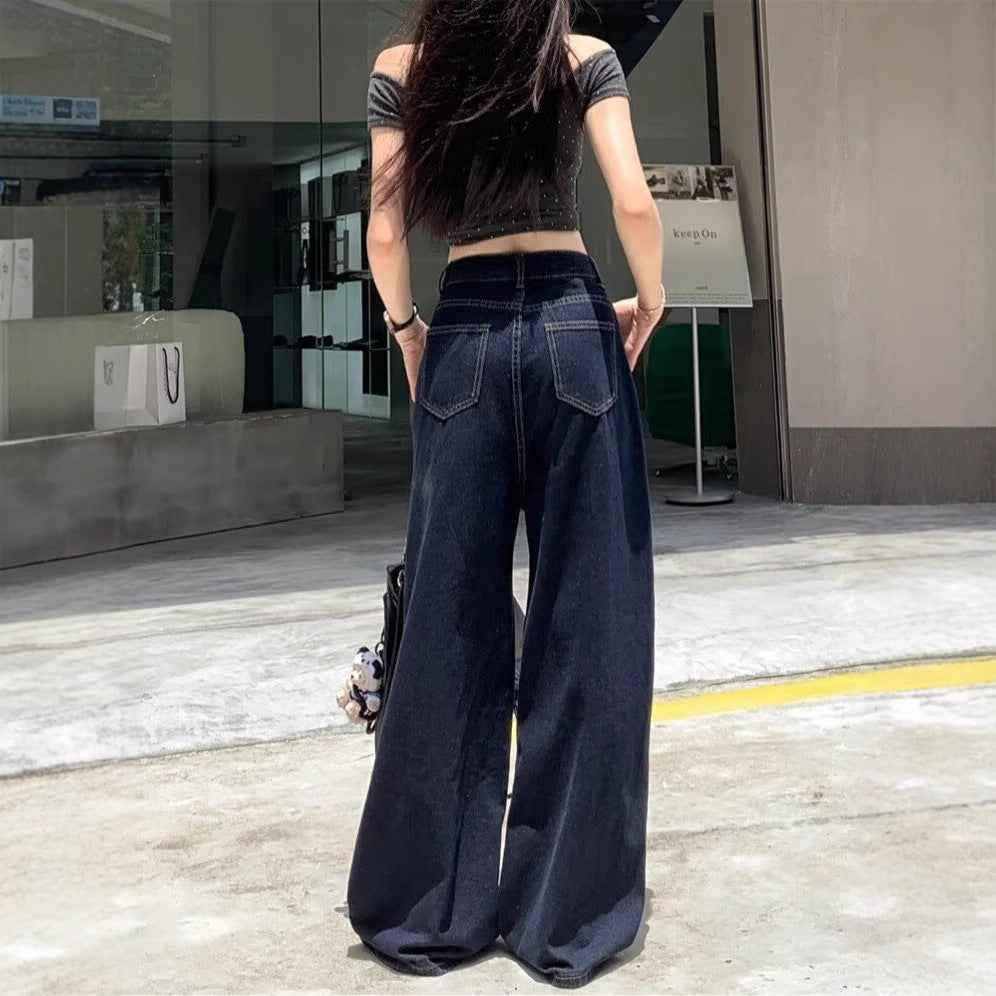 Dark Blue Dad Waist Slimming Wide-leg Pants For Outerwear
