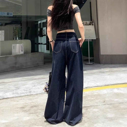 Dark Blue Dad Waist Slimming Wide-leg Pants For Outerwear
