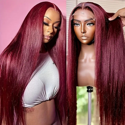 High Temperature Resistant Burgundy Long Straight Lace Non-toxic Wig, Pre-dial Hairline, Non-adhesive, Heat-resistant Synthetic Fiber, - DropOnline.co