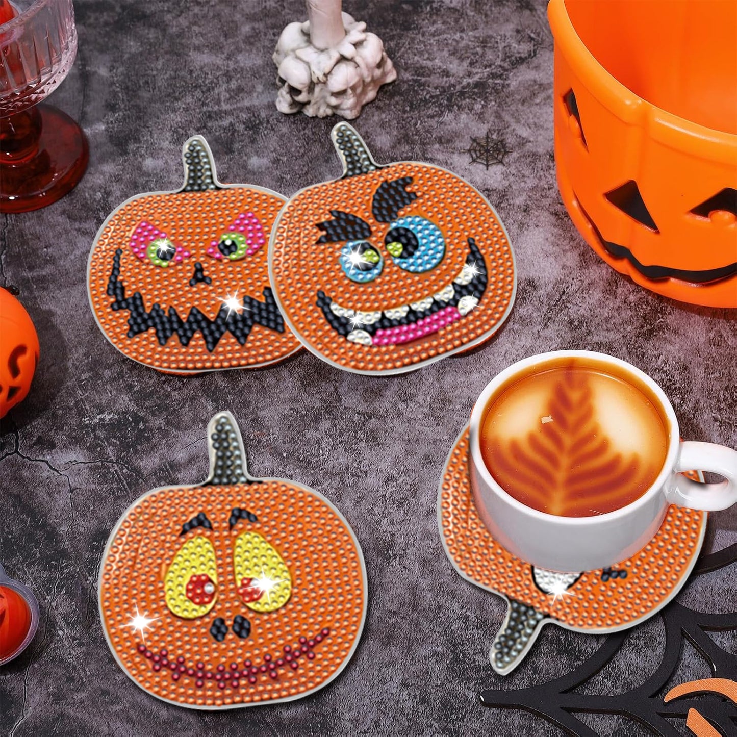 Halloween Rhinestone Art Coasters - 8 Pack Decorative Drink Coasters