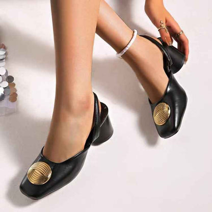 Square-toe Shallow Mouth With Metal Round Buckle Back Strap