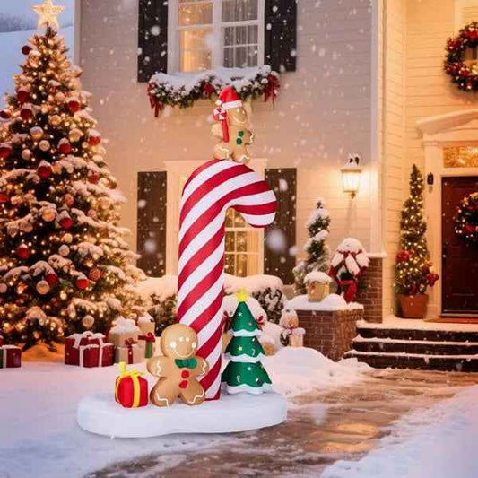 8.2FT Inflatable Giant Candy Cane with Gingerbread Men - LED Christmas Yard Decoration - DropOnline.co
