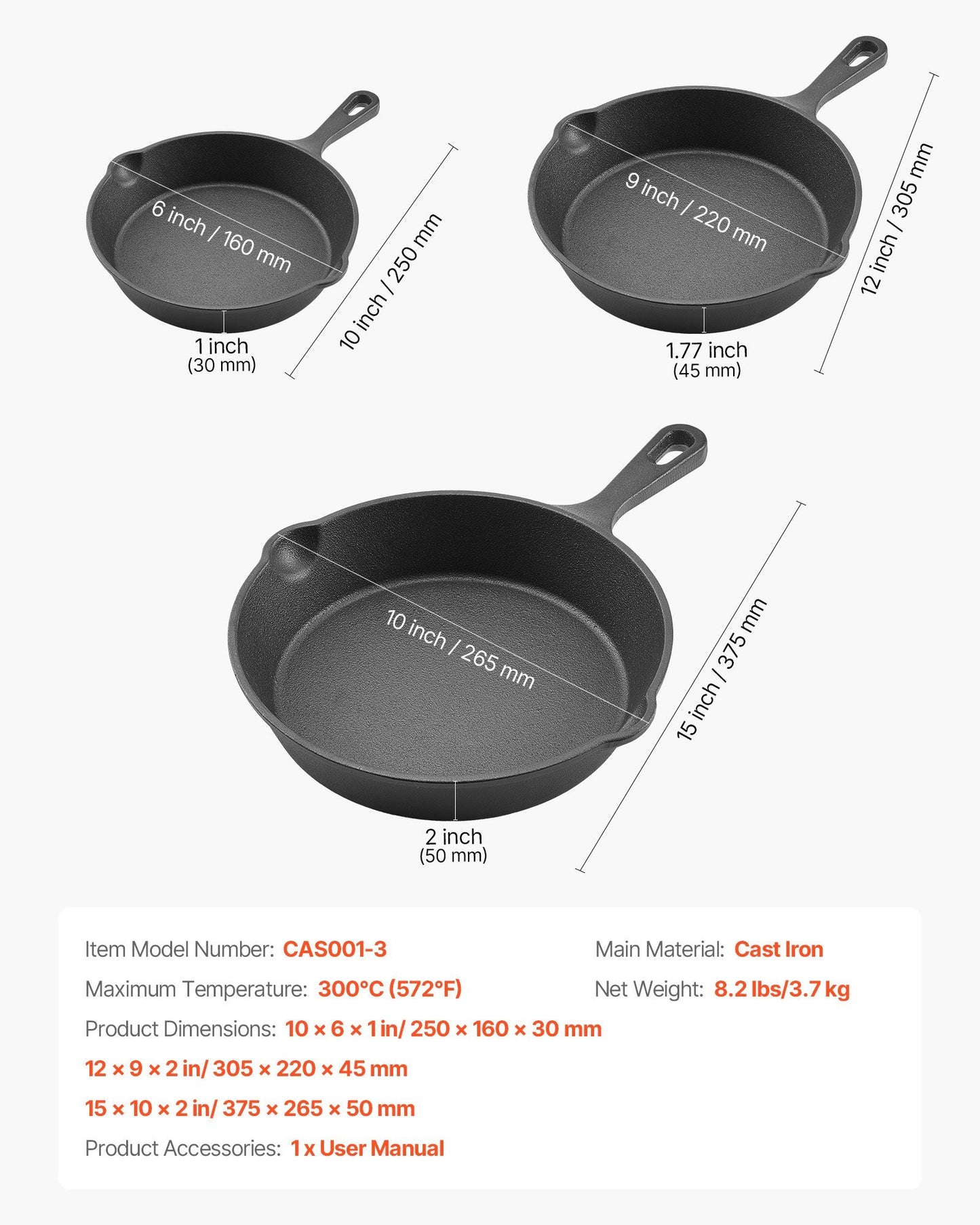 3 Piece Cast Iron Skillet Frying Pan Set 6 8 10 In Handle Pre-Seasoned Black