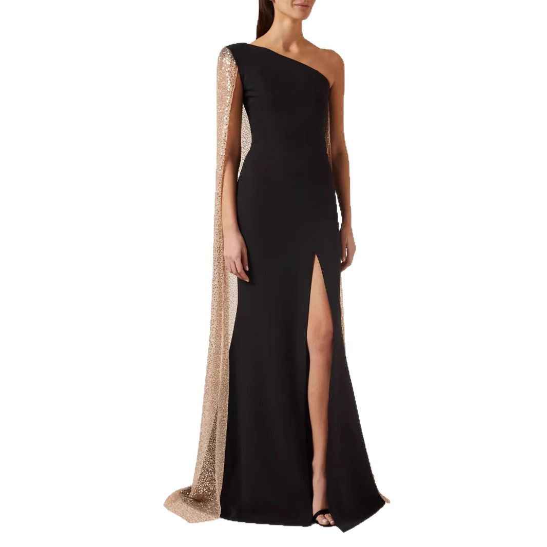 One-shoulder Cloak Slit Black Dress
