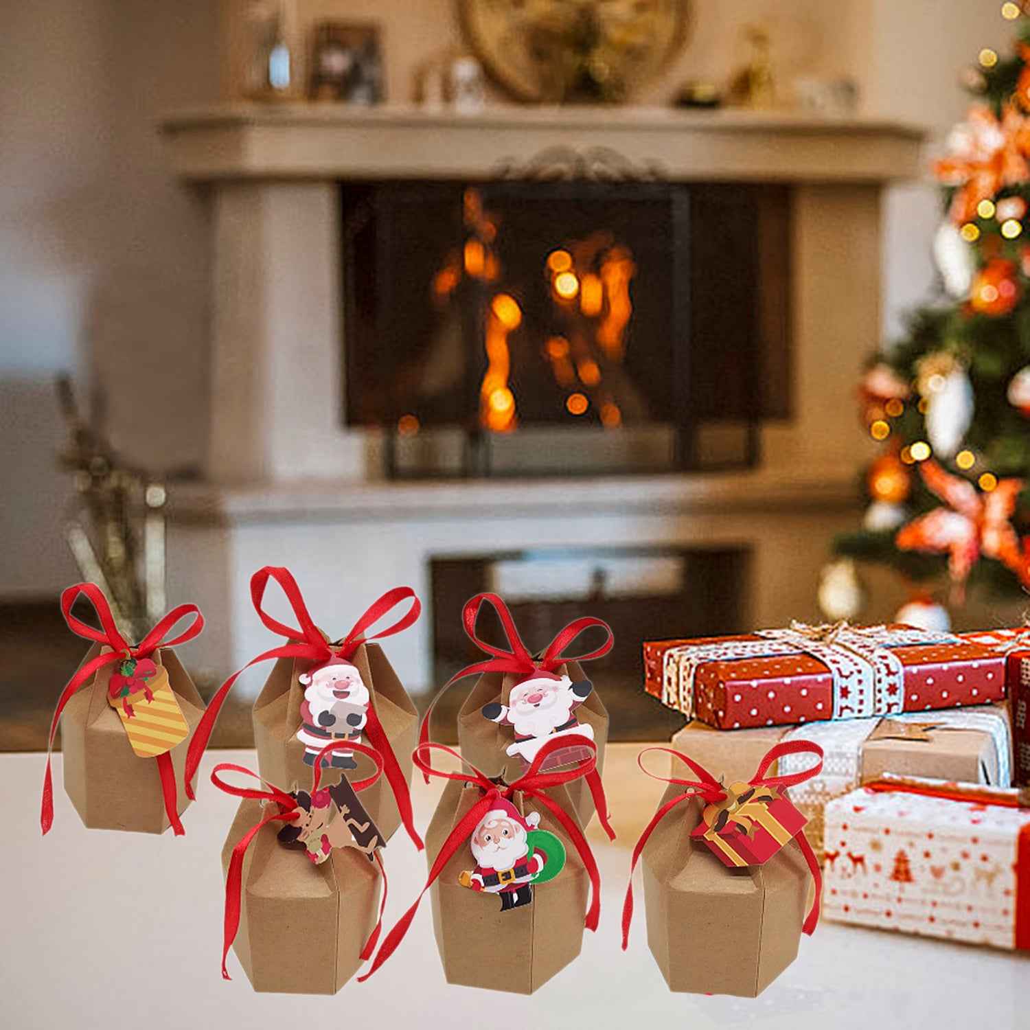 24 Pcs Christmas Treat Boxes with Cards & Ribbon - Xmas Tree Santa Kraft Paper - DropOnline.co