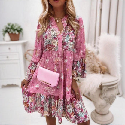 Plus Size Women's Round Neck Button Front Floral Print Dress - Spring Summer Patchwork Midi Dress - DropOnline.co