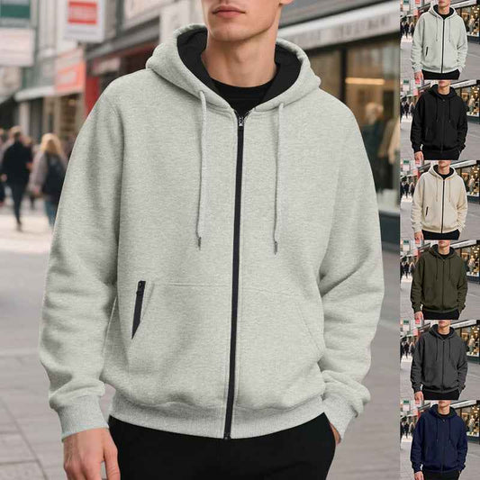 Men's Fleece-lined Loose Drawstring Hooded Zip-up Sweater
