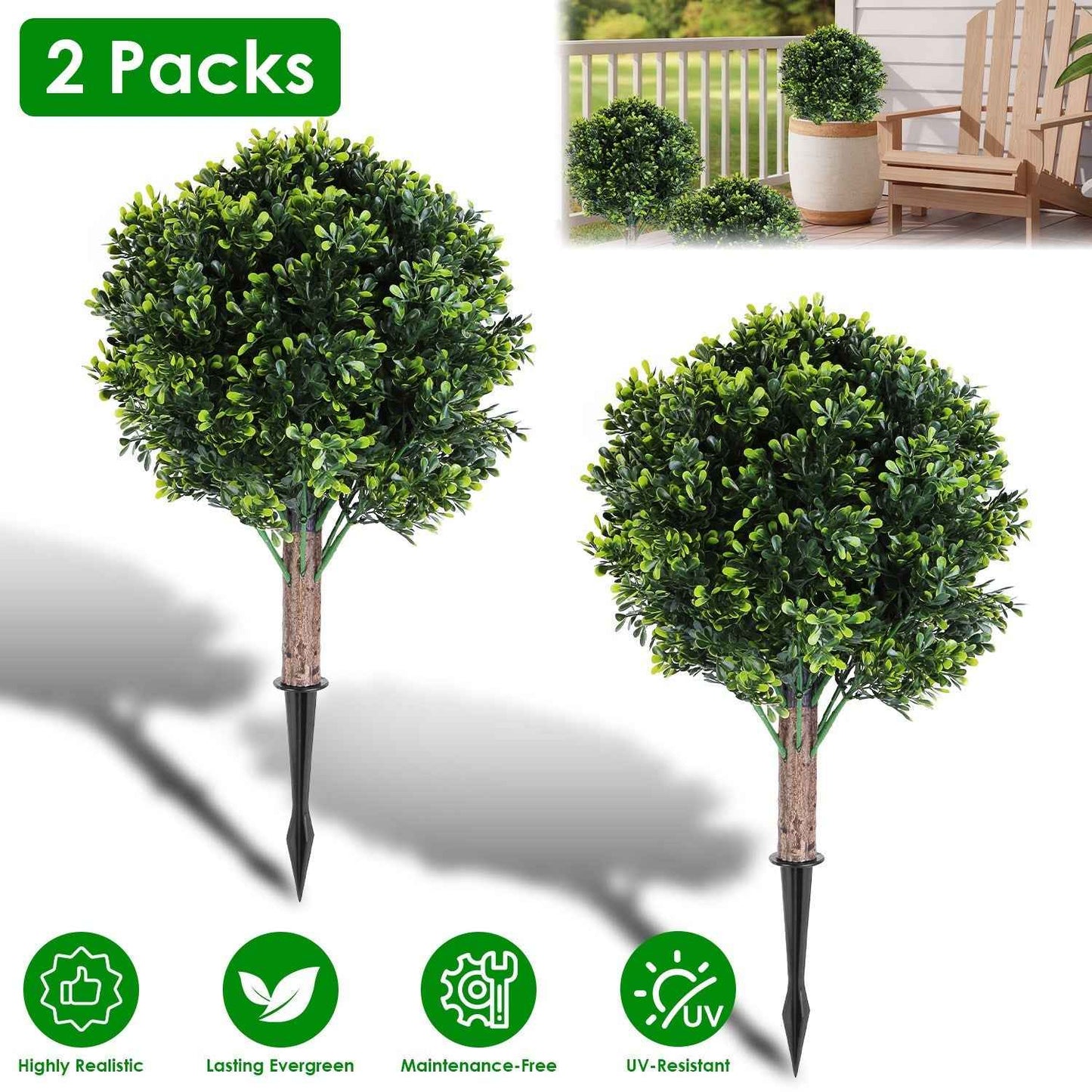 2 Packs Faux Boxwood Ball Trees - Artificial Topiary with Ground Spike