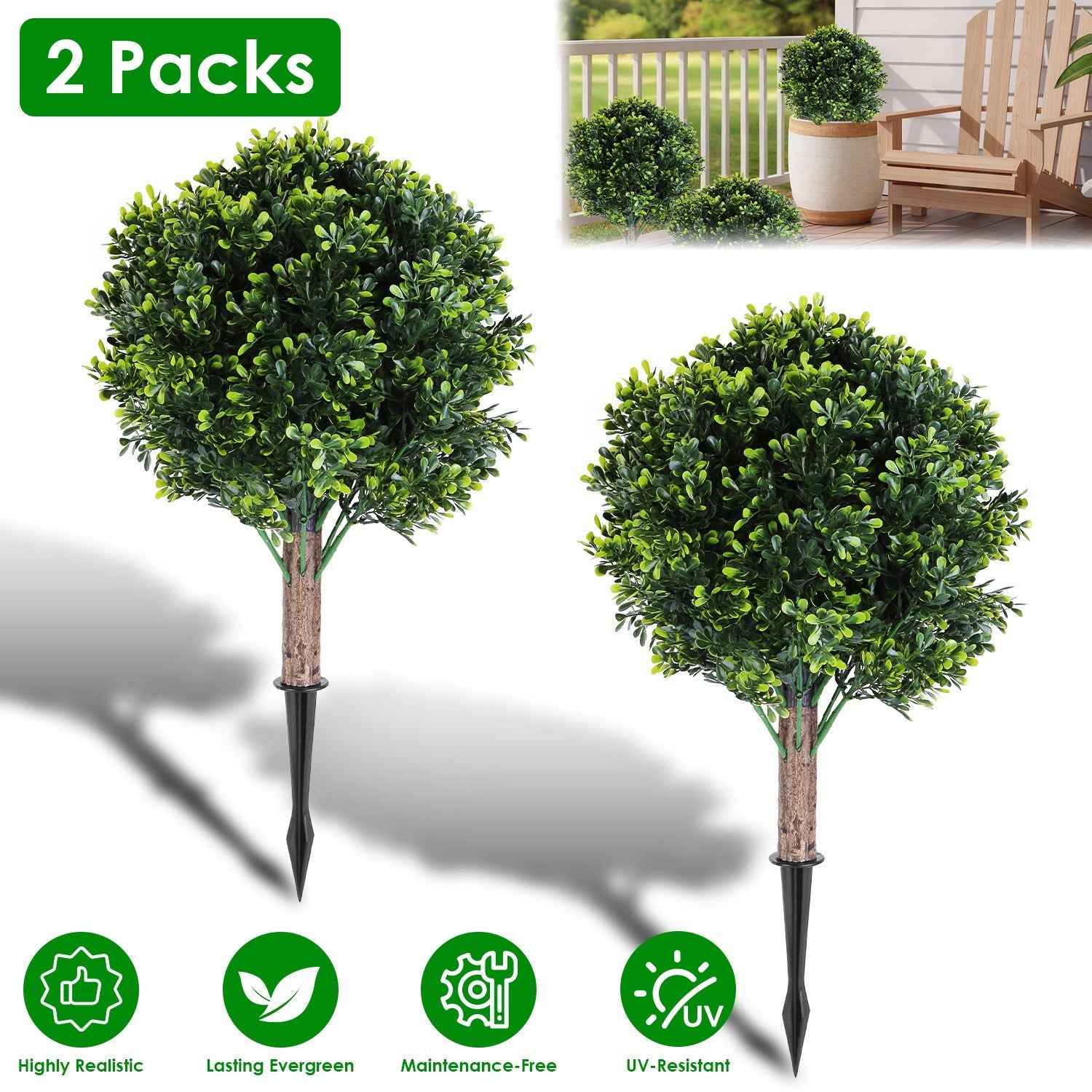 2 Packs Faux Boxwood Ball Trees - Artificial Topiary with Ground Spike