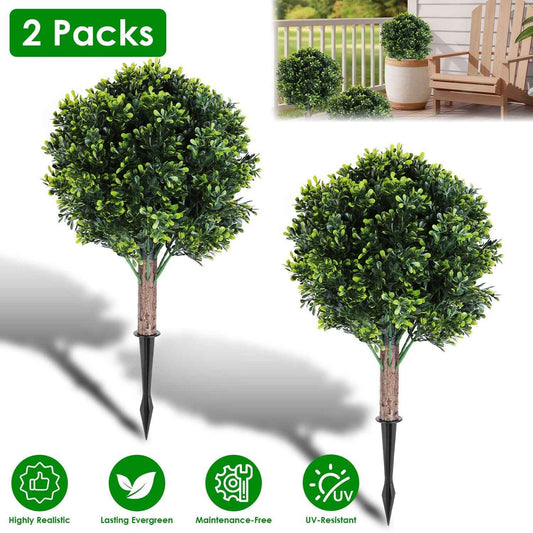 2 Packs Faux Boxwood Ball Trees - Artificial Topiary with Ground Spike