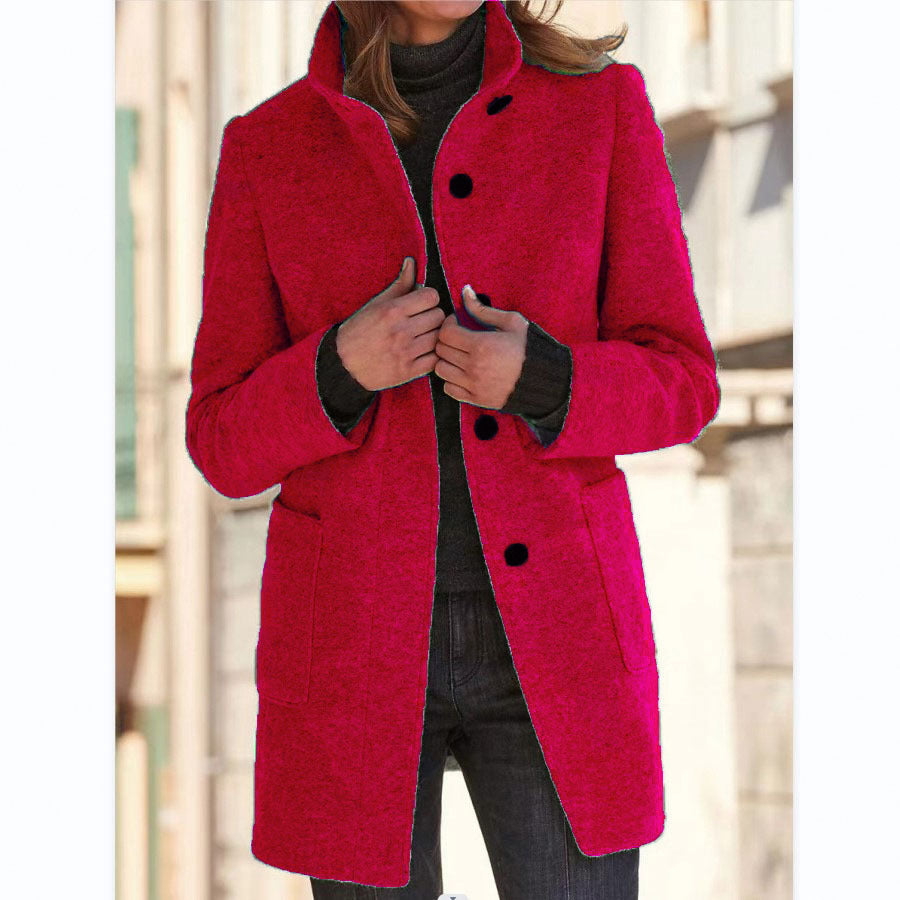 Pure Color Button Stand Collar Woolen Outwear