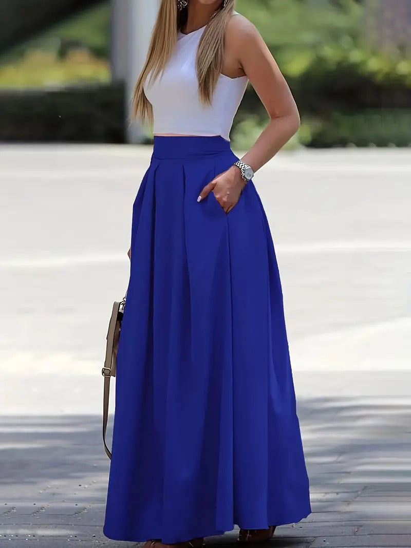 Women's High Waist Pleated Long Skirt - Elegant A-Line Design