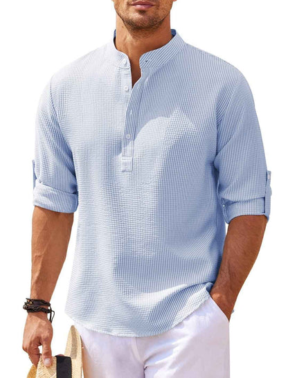 Men's Long Sleeve Stand Collar Shirt - Solid Color Casual Button-Up