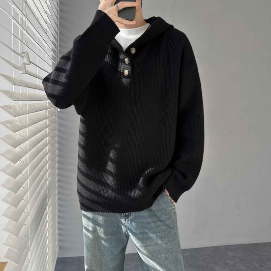 Autumn And Winter Loose Half-button Hooded Knit Sweater For Men