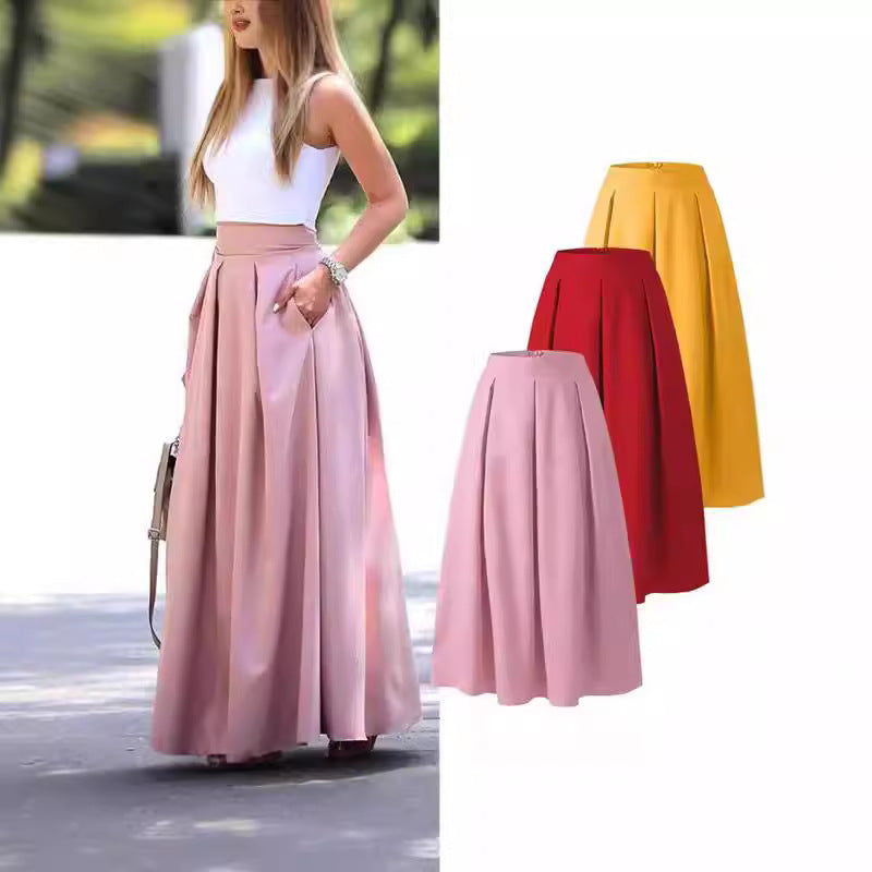 Women's High Waist Pleated Long Skirt - Elegant A-Line Design