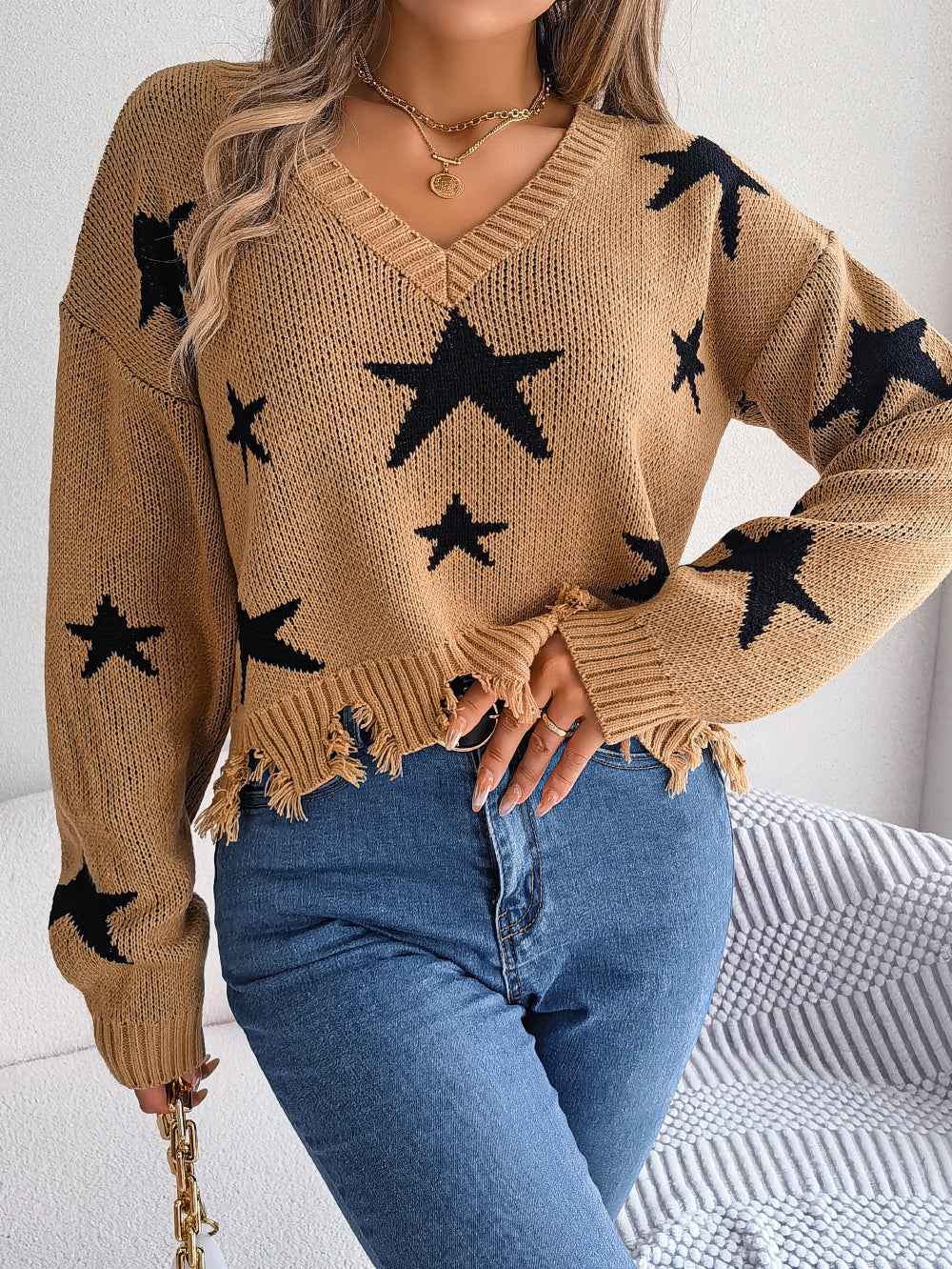 Women Casual V-Neck Star Distressed Long Sleeve Knit Sweater