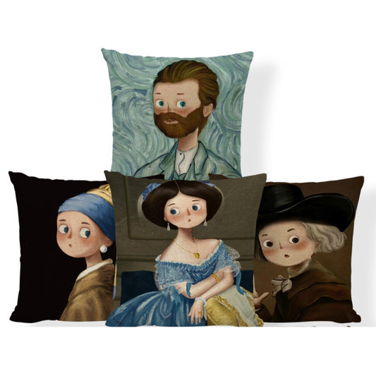 Cartoon Girl Printed Pillowcase Oil Painting Blended Cushion