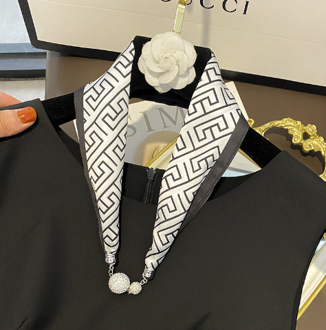 Magnetic Buckle Silk Scarf with Pearl Necklace - Women's Fashion Accessory