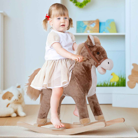 Kids Plush Toy Rocking Horse Pony Toddler Ride on Animal for Girls Birthday Gifts with Realistic Sounds