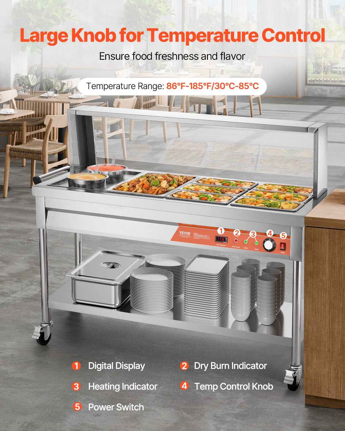 7 Pans + 2 Pots Commercial Food Warmer Steam Table With Undershelf Shield