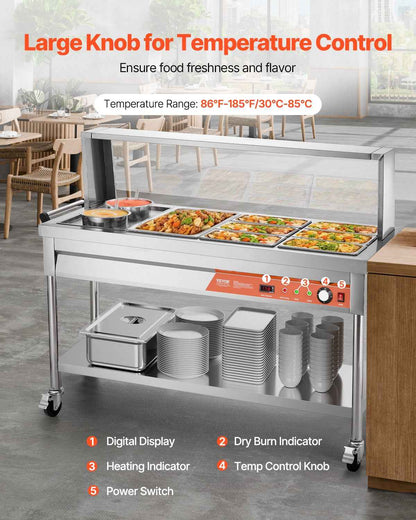 7 Pans + 2 Pots Commercial Food Warmer Steam Table With Undershelf Shield