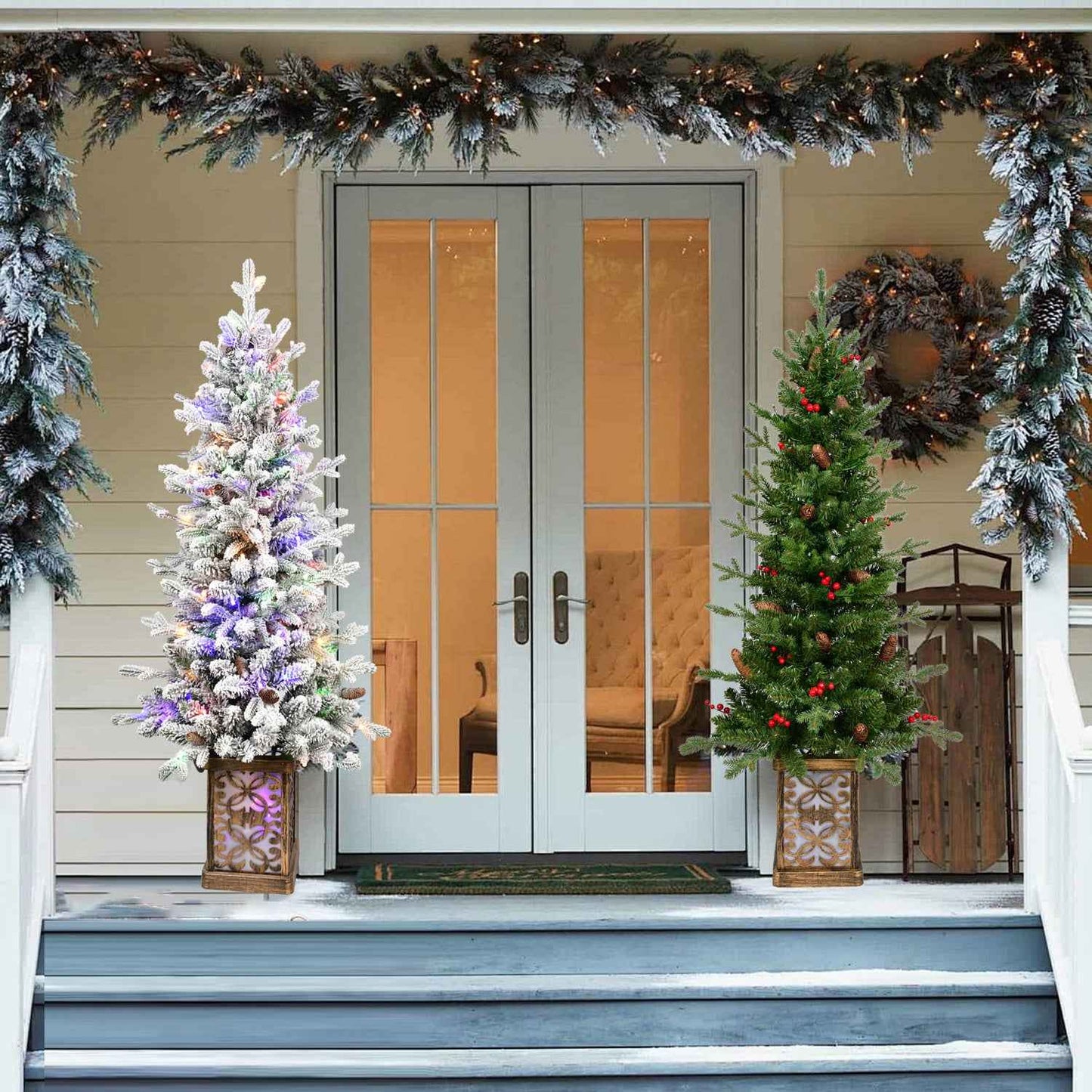 4ft Pre-lit Potted Porch Christmas Tree - Multicolor Lights with Metal Basin
