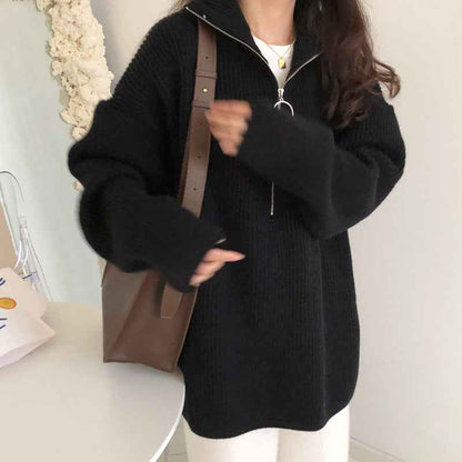 Loose French Style Large Lapel Zipper Sweater For Women