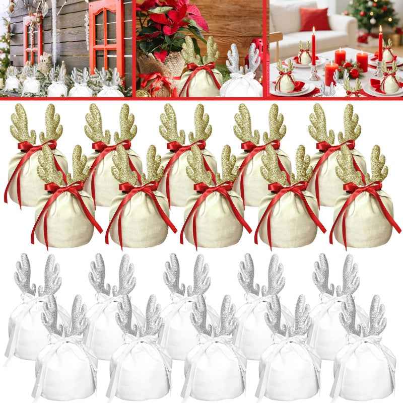 5Pcs Christmas Antler Gift Bags with Drawstring - Flannel Reusable Pouches - DropOnline.co