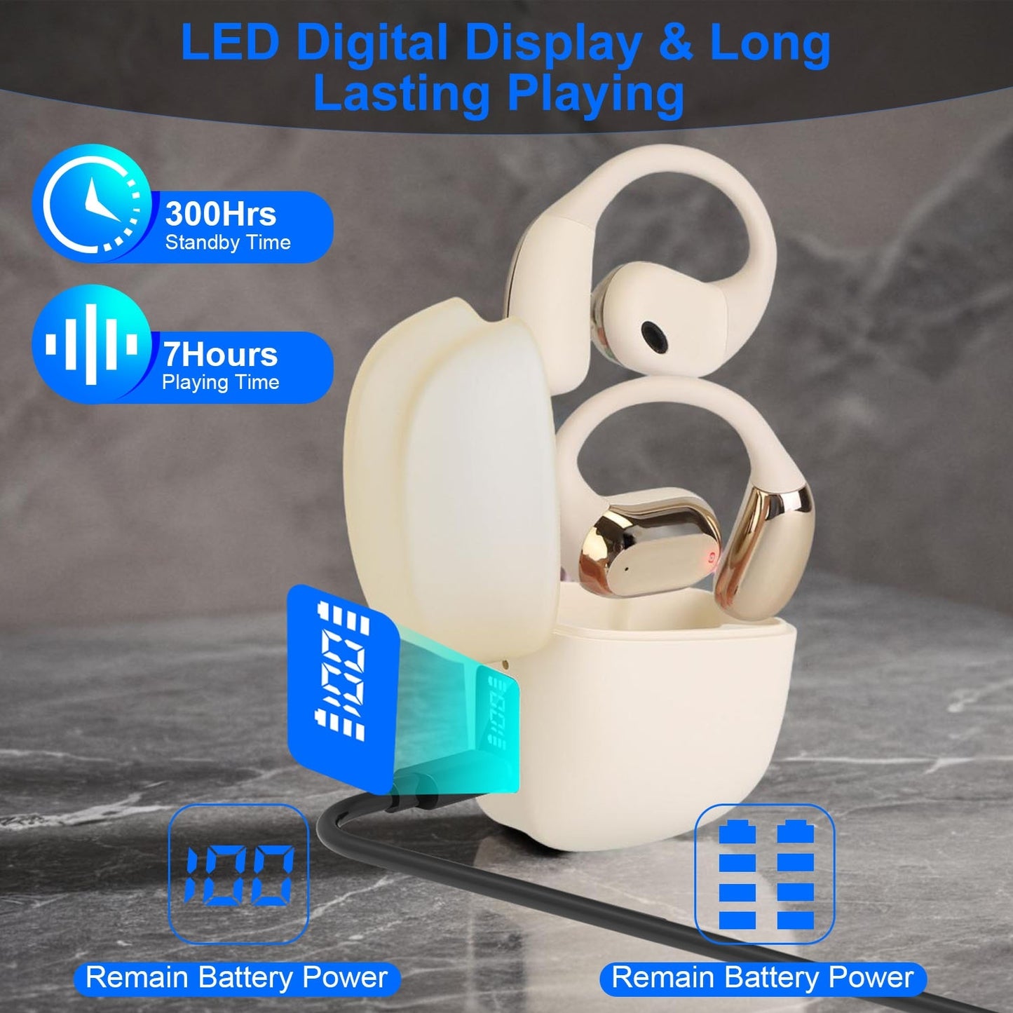 Wireless V5.4 Open Ear Earbuds - IPX5 Waterproof Sport Headphones with LED Charging Case