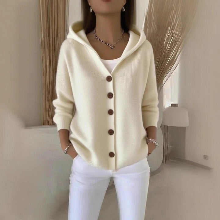 Buttoned Knitted Hooded Sweater - Cozy Women's Cardigan with Hood
