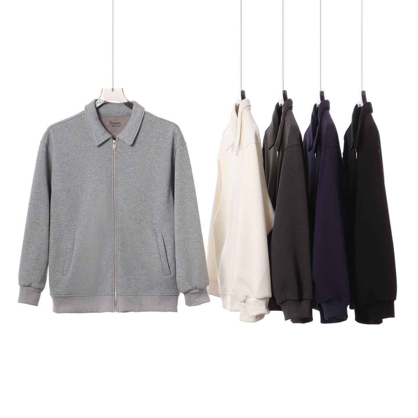 Japanese Retro Heavyweight 420g Silver Fox Fleece Solid Color Lapel Zip-up Jacket