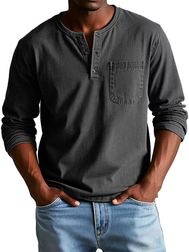 Men's V-Neck Long Sleeve T-Shirt - Button Design Casual Pullover