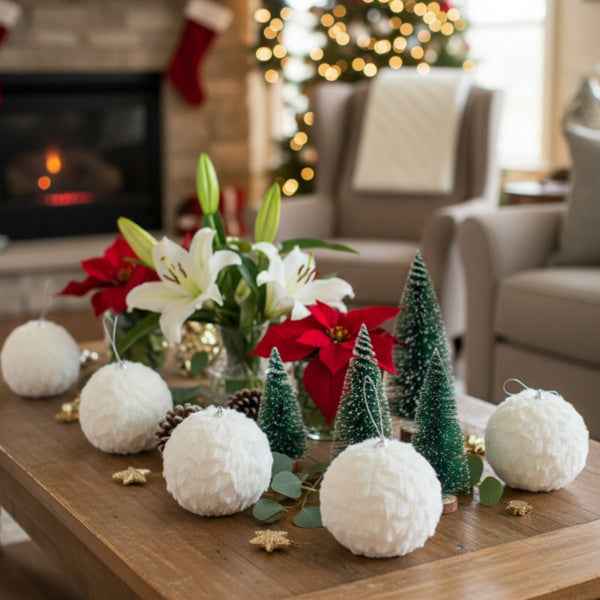 6PCS Cream Ruffle Christmas Ball Ornaments - White Polyester Hanging Tree Decorations (4 inch) - DropOnline.co