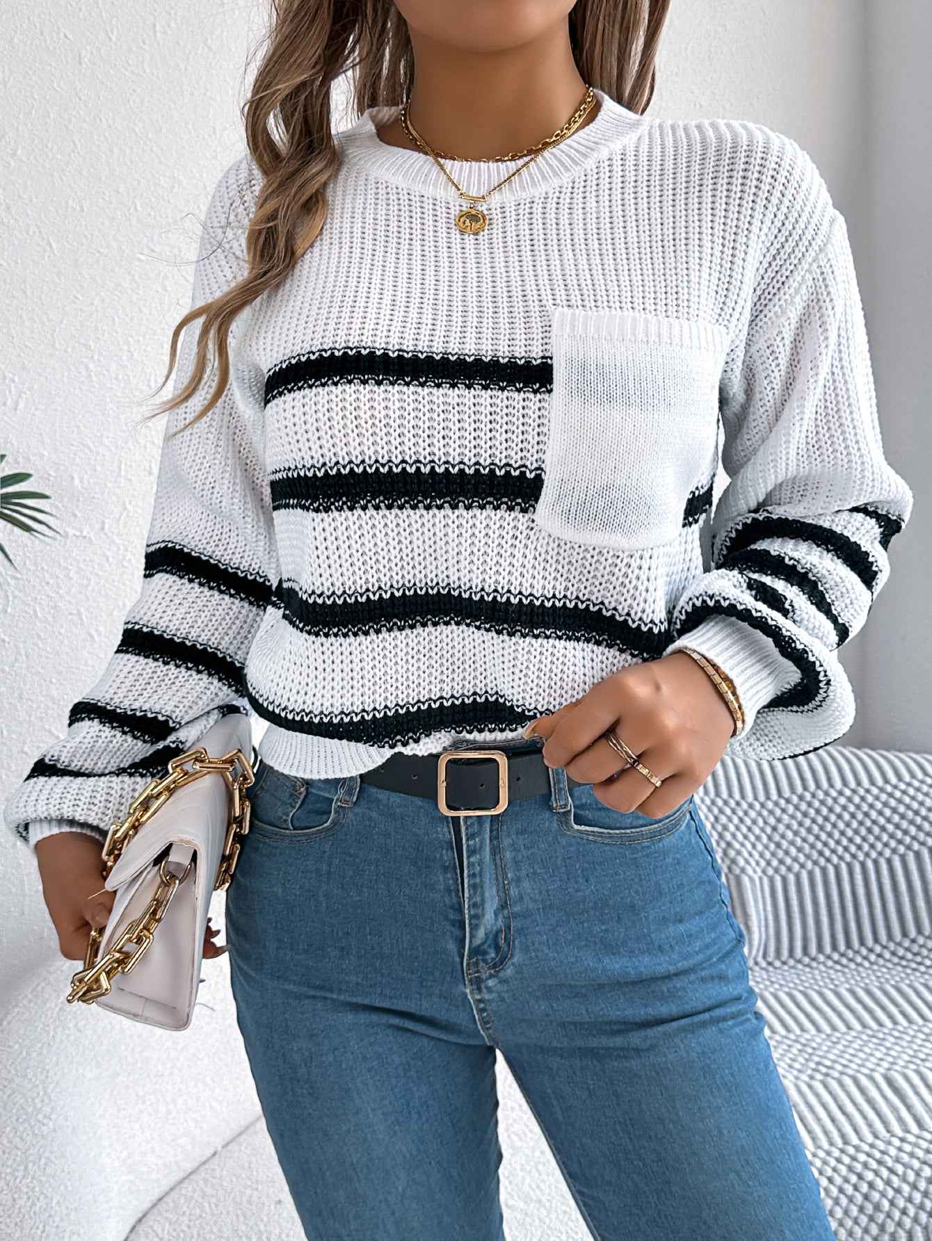 Women Casual Color Block Stripe Lantern Sleeve Pullover Sweater