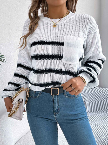 Women Casual Color Block Stripe Lantern Sleeve Pullover Sweater