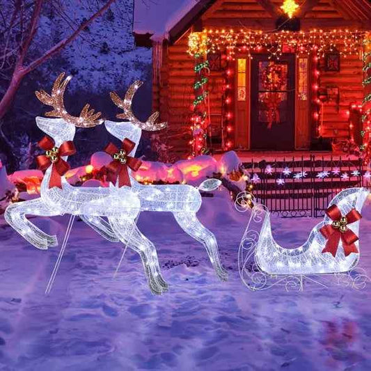 3-Piece Lighted Set - 2 Reindeer & Sleigh with 270 LED White Lights - DropOnline.co