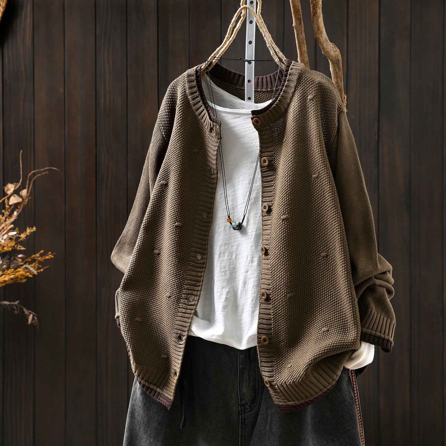 Women's Cardigan Sweater Coat Color Block Cotton Thread Knitting Retro Casual