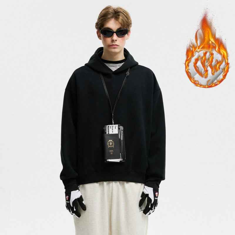 Short Wide Fleece Hooded Sweatshirt For Men And Women In American Solid Color