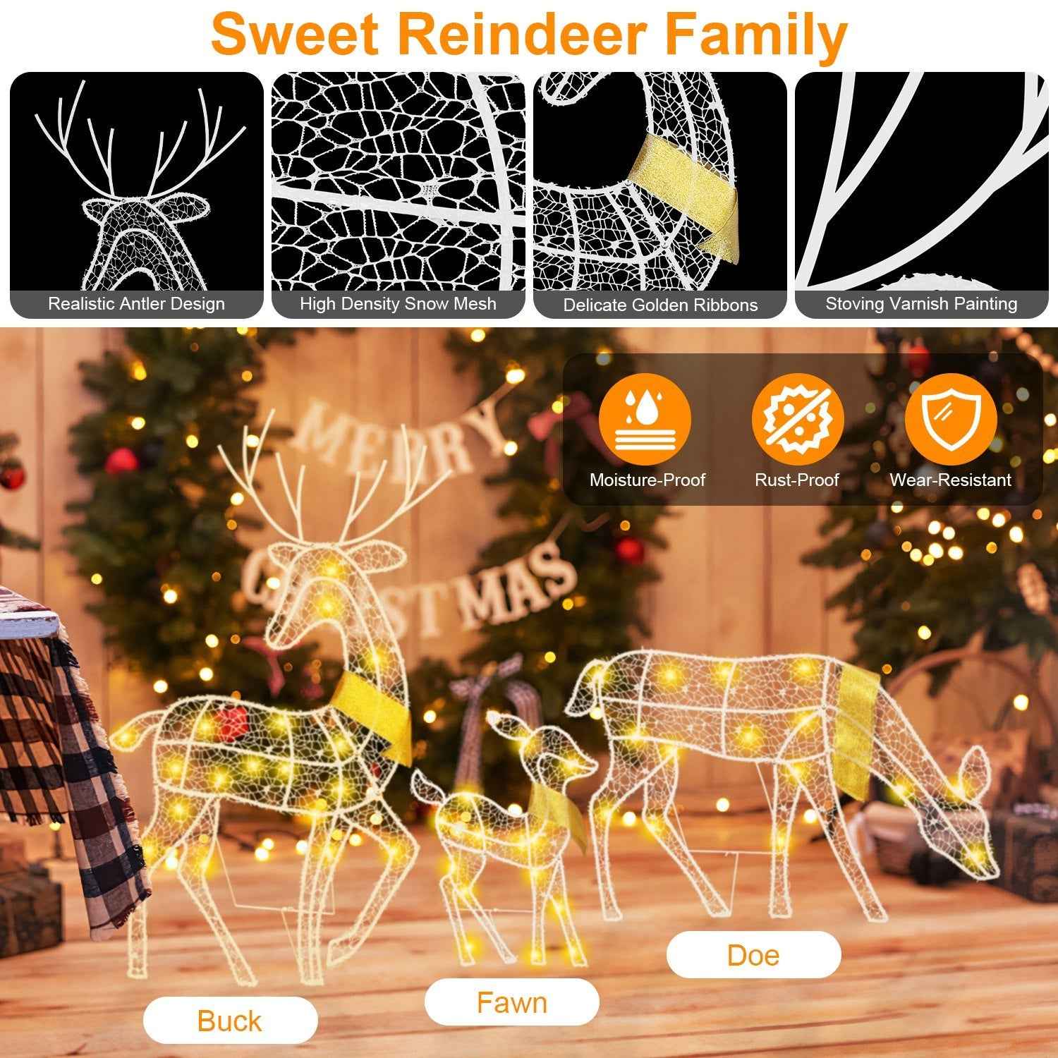 3 Sets Reindeer Family Lighted 2D Christmas Deer - Buck Doe Fawn Indoor Outdoor - DropOnline.co