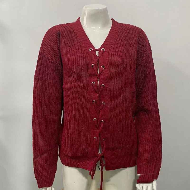 Solid Color And V-neck Hollow Out Tied Knitted Sweater