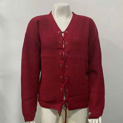 Solid Color And V-neck Hollow Out Tied Knitted Sweater