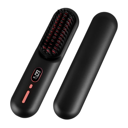 Grey-Black Options -- 1Pc Cordless Negative Ion Hair Straightener Brush Rechargeable Mini Styling Comb With 12 Heating Levels Anti-scald 30S Preheating 30Mins Auto Sleep LCD Display - DropOnline.co