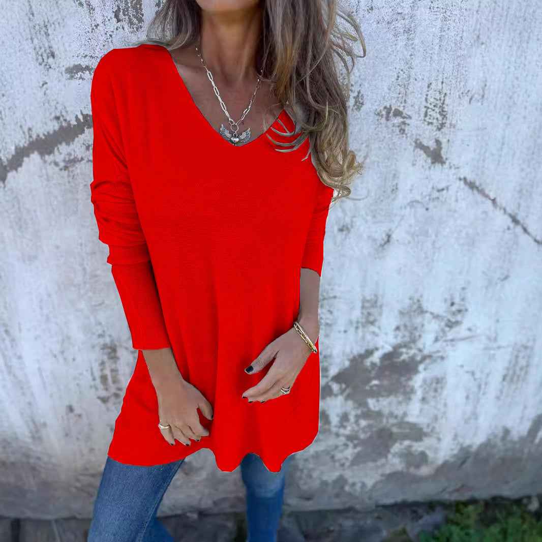 Solid Color V-neck Knitted Sweater Loose Top Women's Clothing