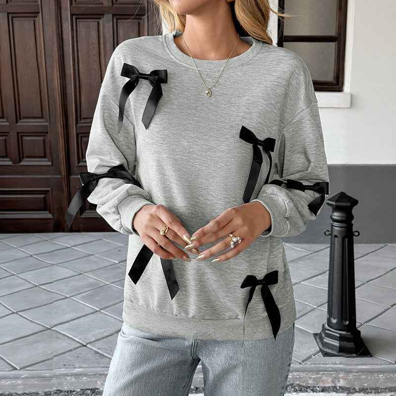 Bow Decoration Gray Round-collar Sweater For Women