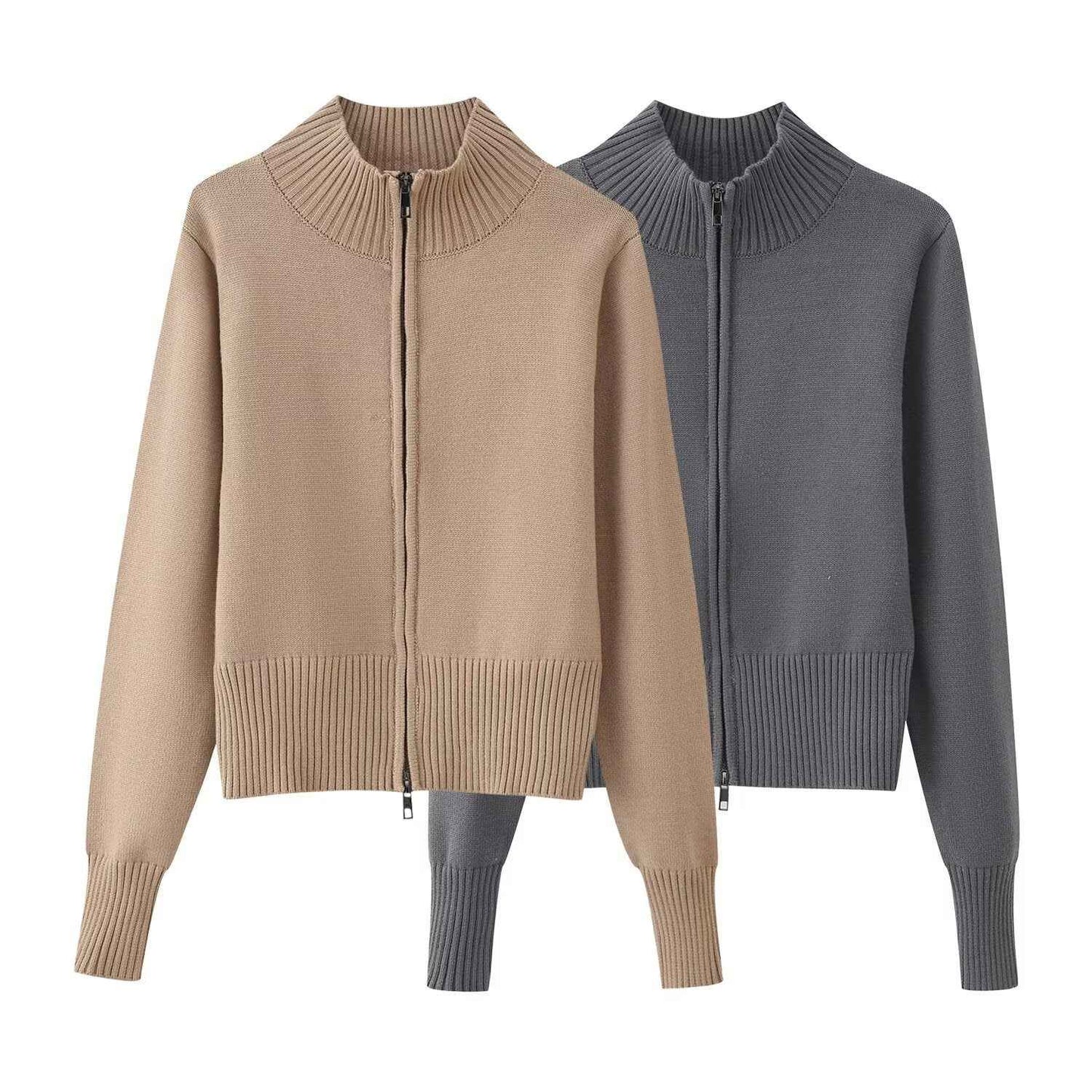 Knitted Zipper Versatile Solid Color Semi-high Neck Long Sleeve Cardigan Sweater