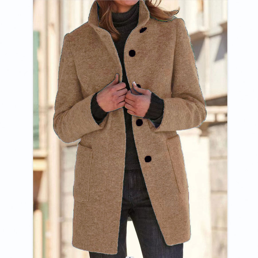 Pure Color Button Stand Collar Woolen Outwear