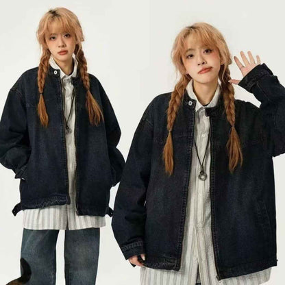 Women's Denim Jacket Spring And Autumn Style Washed Distressed Stand-collar Workwear
