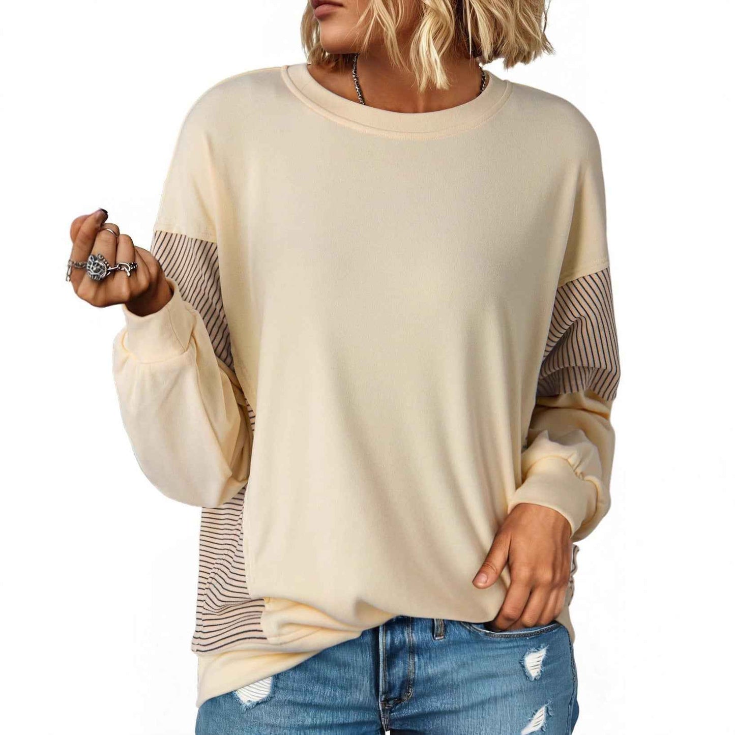 Striped Color-blocked Round Neck Versatile Casual Long-sleeved Sweatshirt