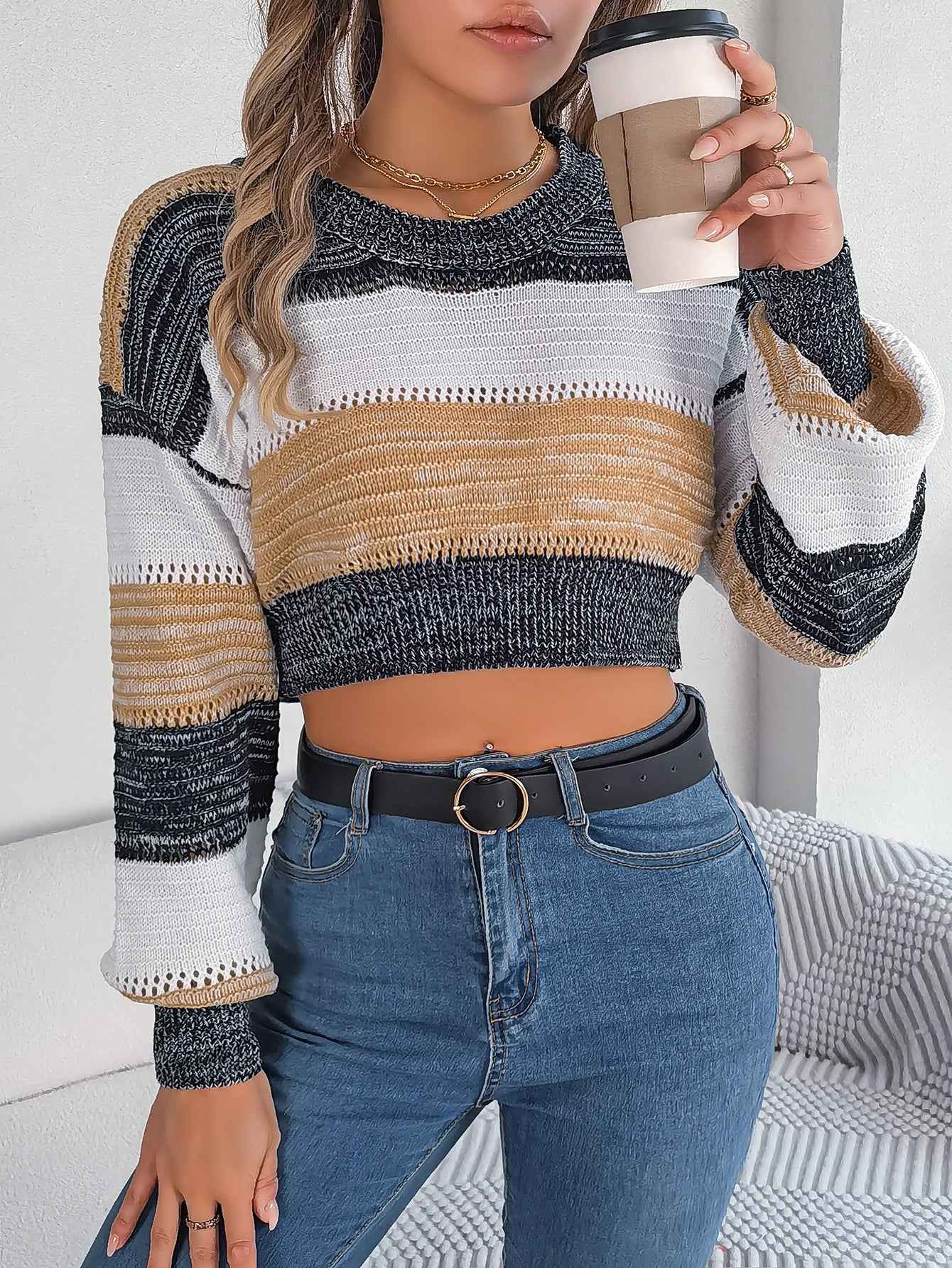 Women Casual Color Block Lantern Sleeve Cropped Pullover Sweater