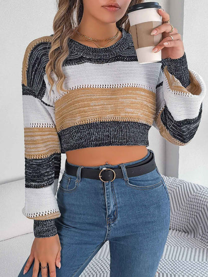 Women Casual Color Block Lantern Sleeve Cropped Pullover Sweater